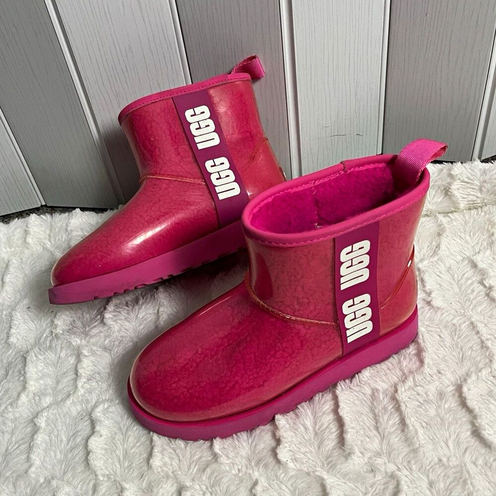 UGG Droplet Kids Rain Boots Pink Lined Rubber Pull-On Ankle US Size 6